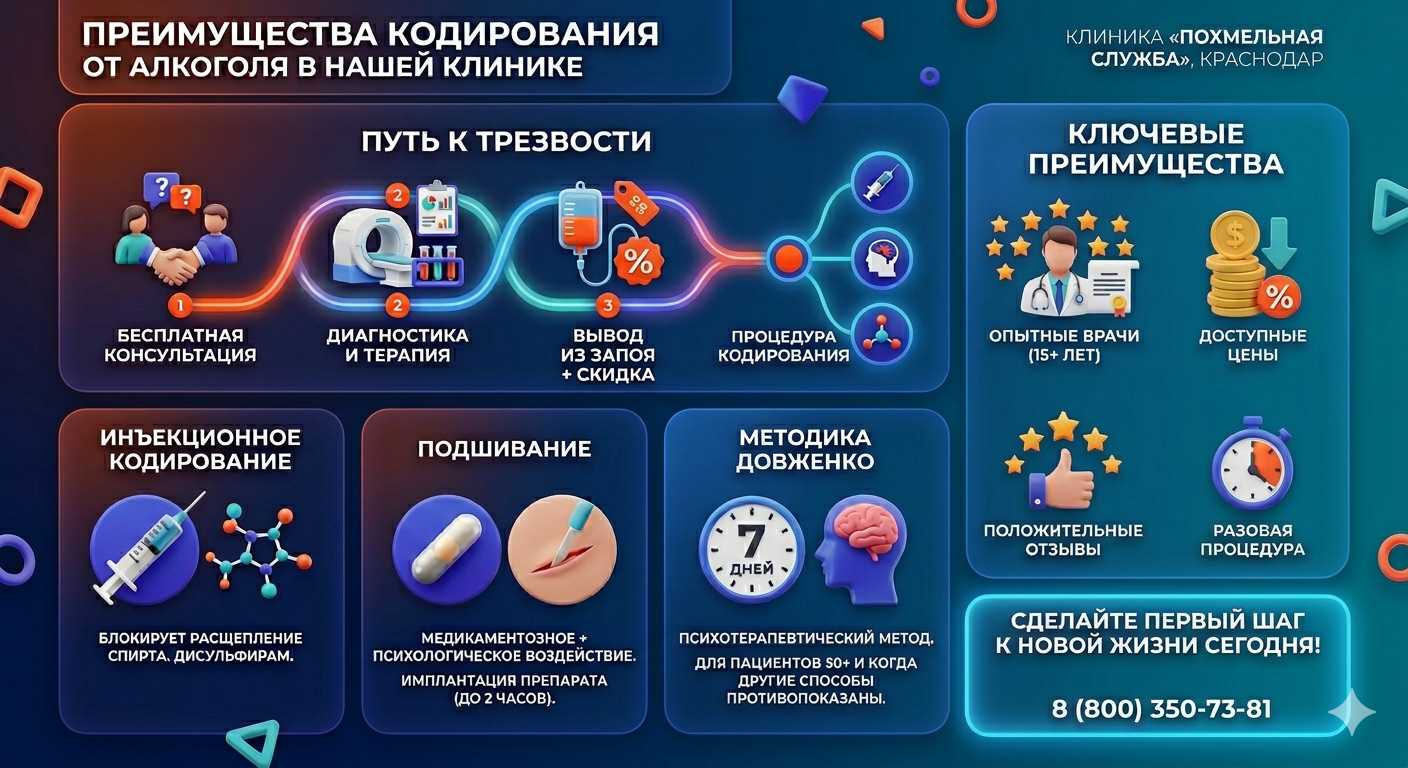 Инфографика о методах кодирования от алкоголя в Арзамасе: инъекции, подшивание, метод Довженко. Преимущества клиники и этапы лечения.