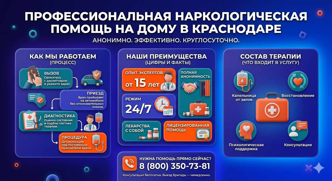 Инфографика о принципах лечения алкоголизма на дому в Арзамасе: этапы вызова нарколога, преимущества анонимной детоксикации и состав медицинской помощи.